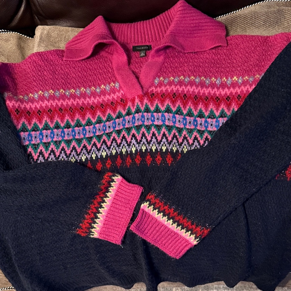 Talbots Women's Pink and Navy V-Neck Sweater